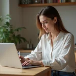 Jeune femme au bureau à domicile avec ordinateur et notes