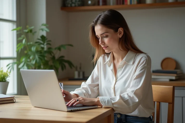 Jeune femme au bureau à domicile avec ordinateur et notes