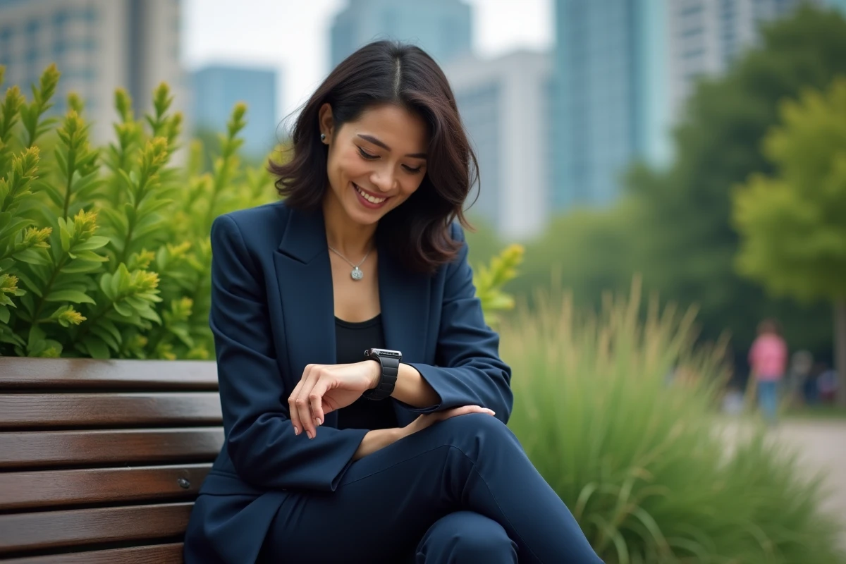 Femme en tenue élégante assise dans un parc urbain vérifiant sa montre