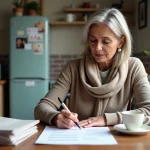 Femme réfléchie remplissant un formulaire de changement d'adresse