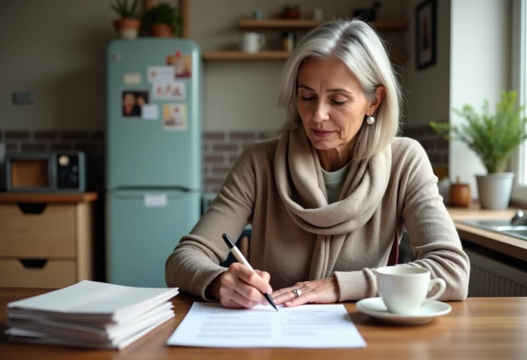Femme réfléchie remplissant un formulaire de changement d'adresse