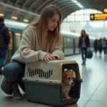Jeune femme sécurise un chien dans une cage à la gare