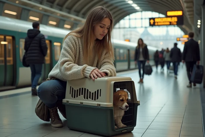 Jeune femme sécurise un chien dans une cage à la gare