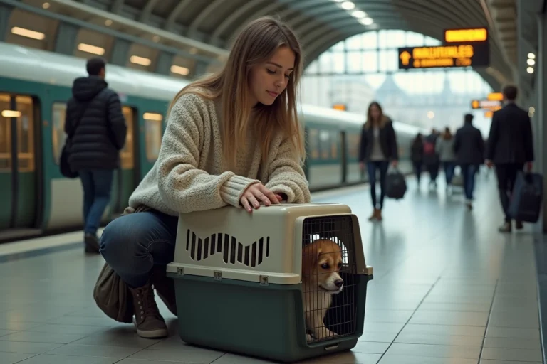 Jeune femme sécurise un chien dans une cage à la gare