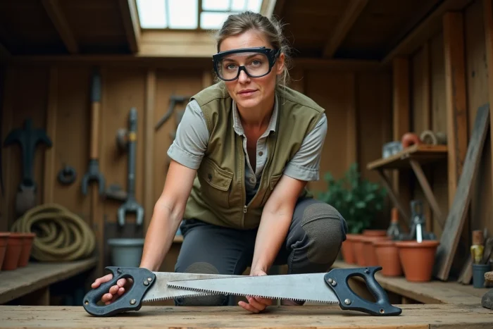 Femme comparant deux modèles d'élagueuses dans un atelier de jardin rustique avant de faire son choix