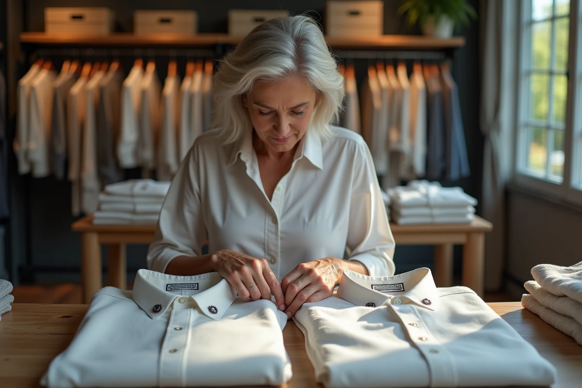 Femme compare deux chemises dans une boutique de vêtements