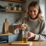 Femme versant de l'huile dans un verre doseur en cuisine
