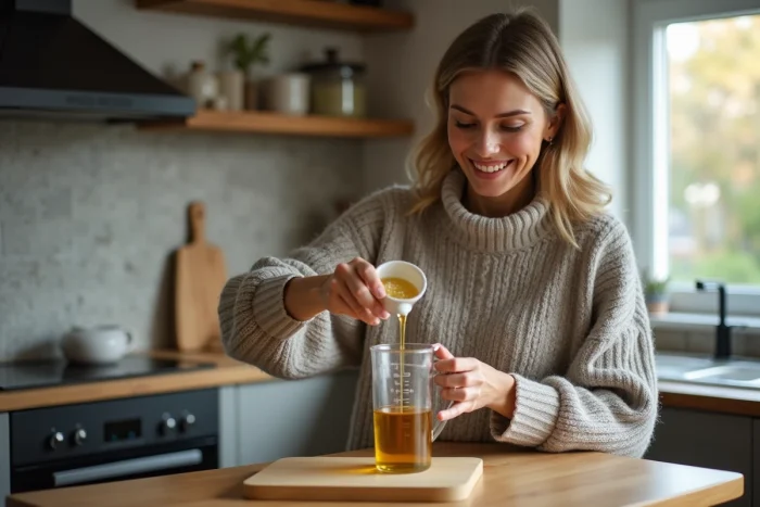 Femme versant de l'huile dans un verre doseur en cuisine
