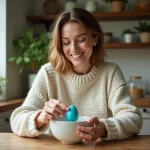 Femme dans sa cuisine tenant un œuf bleu dans un bol en céramique