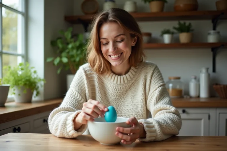 Femme dans sa cuisine tenant un œuf bleu dans un bol en céramique