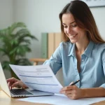 Femme consultant un dossier de prêt personnel à son bureau à domicile, symbolisant les démarches de financement rapide