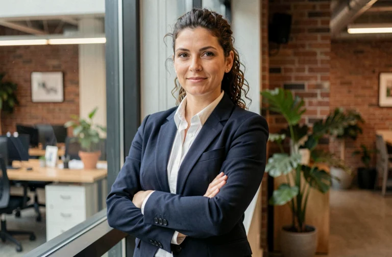 Femme professionnelle confiante dans un espace de coworking moderne, illustrant le parcours d'une femme inspirante