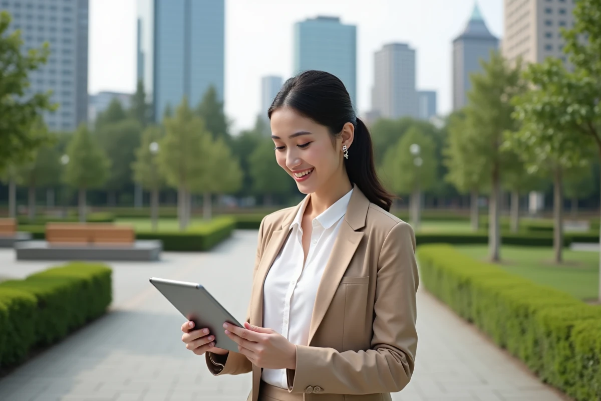 Jeune femme souriante utilisant une tablette dans un parc urbain