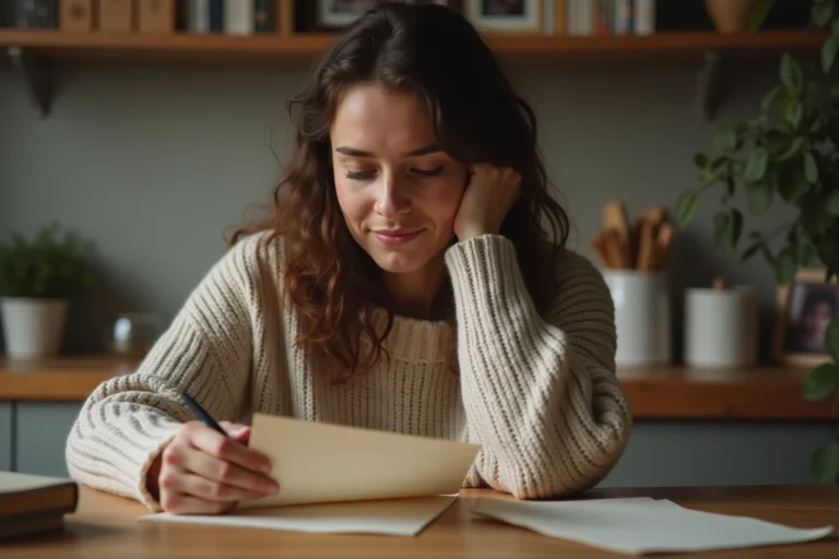 Femme lisant une lettre dans une ambiance chaleureuse