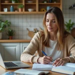 Femme moyenne âge lisant des notes dans la cuisine