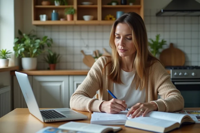 Femme moyenne âge lisant des notes dans la cuisine