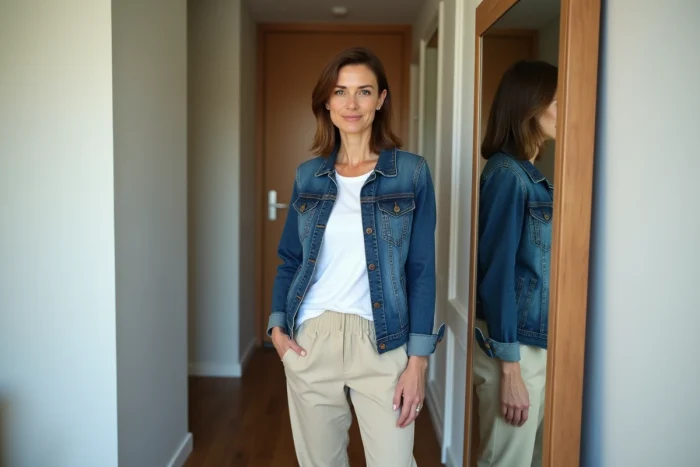 Femme en miroir dans un appartement moderne en tenue décontractée