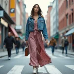 Femme élégante en robe maxi urbaine moderne