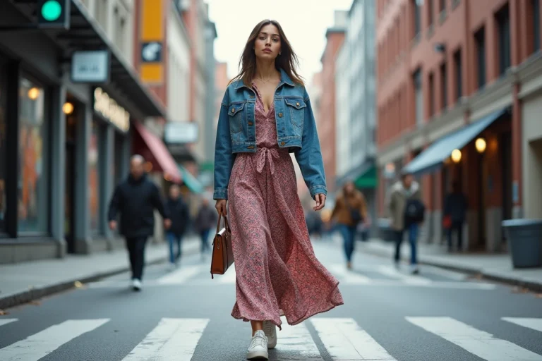 Femme élégante en robe maxi urbaine moderne