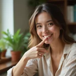 Femme appliquant un baume naturel au visage dans un intérieur cosy