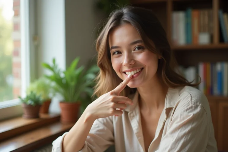 Femme appliquant un baume naturel au visage dans un intérieur cosy