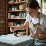 Femme appliquant de la peinture craie sur un meuble en bois dans un atelier DIY déco maison chaleureux