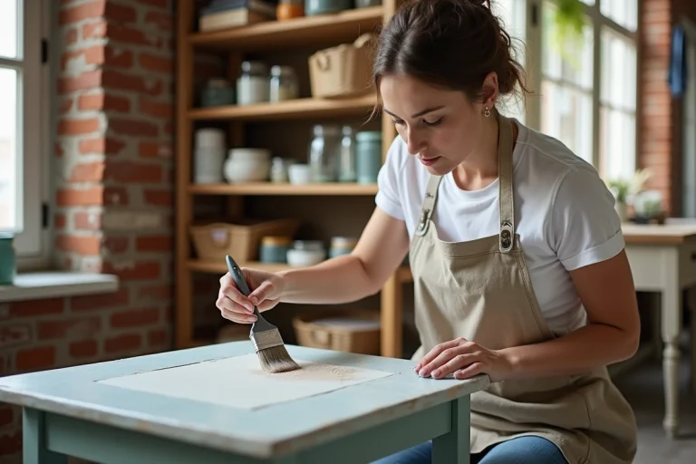 Femme appliquant de la peinture craie sur un meuble en bois dans un atelier DIY déco maison chaleureux
