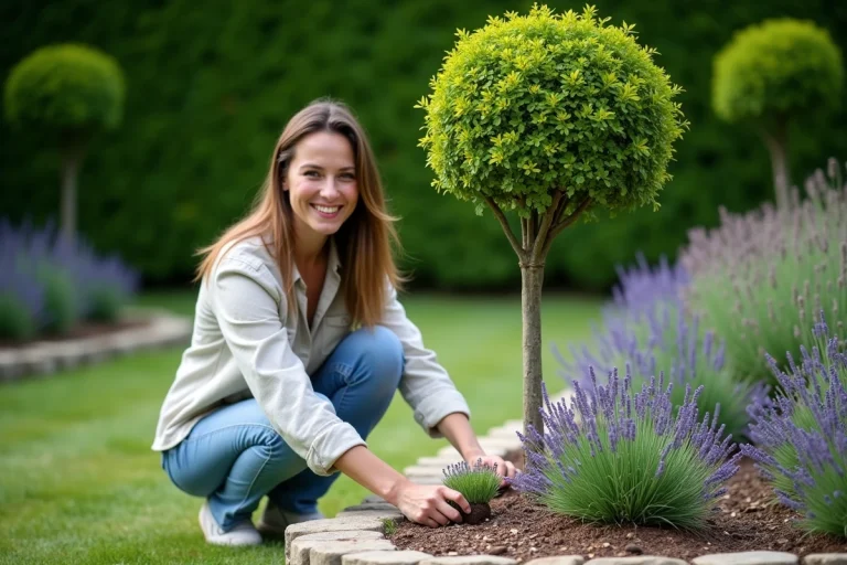 Femme souriante plantant de la lavande dans un jardin