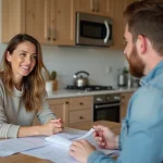 Femme discutant de renovation avec un professionnel dans une cuisine moderne