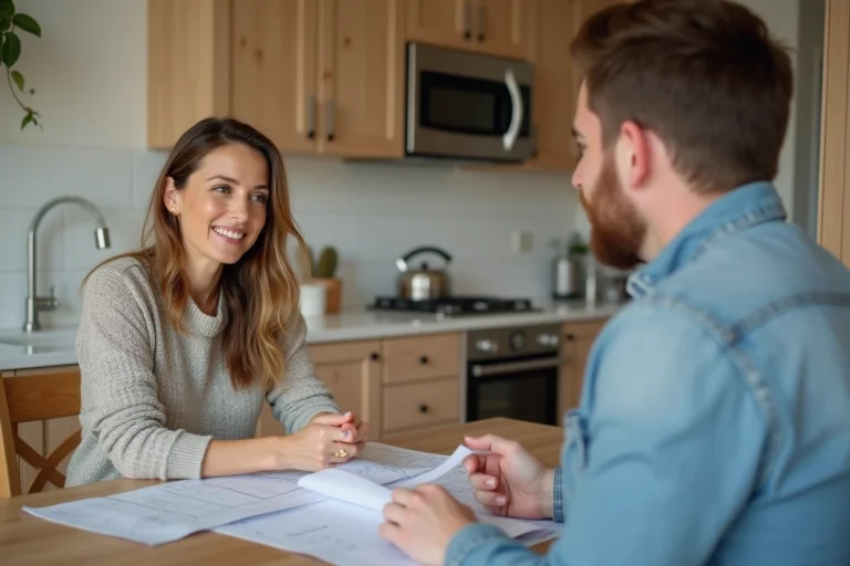 Femme discutant de renovation avec un professionnel dans une cuisine moderne