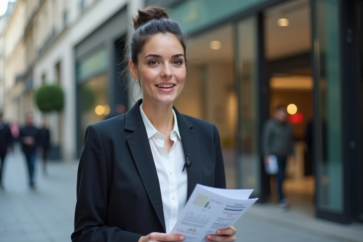 Femme journaliste avec rapport salarial devant un bâtiment parisien