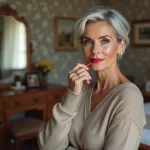 Femme élégante de 60 ans appliquant du rouge à lèvres