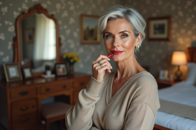Femme élégante de 60 ans appliquant du rouge à lèvres