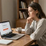Femme cherchant une alternative à un service en ligne indisponible sur son ordinateur portable dans un bureau à domicile