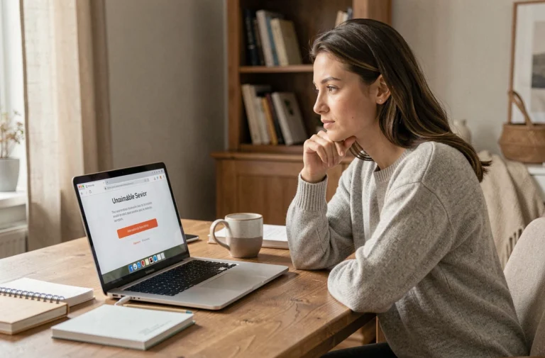 Femme cherchant une alternative à un service en ligne indisponible sur son ordinateur portable dans un bureau à domicile