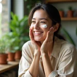 Femme souriante appliquant une creme naturelle sur le visage