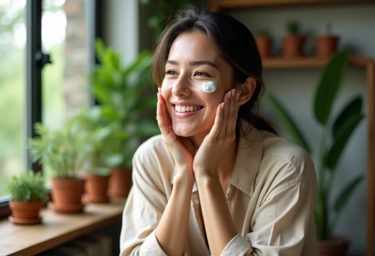 Femme souriante appliquant une creme naturelle sur le visage