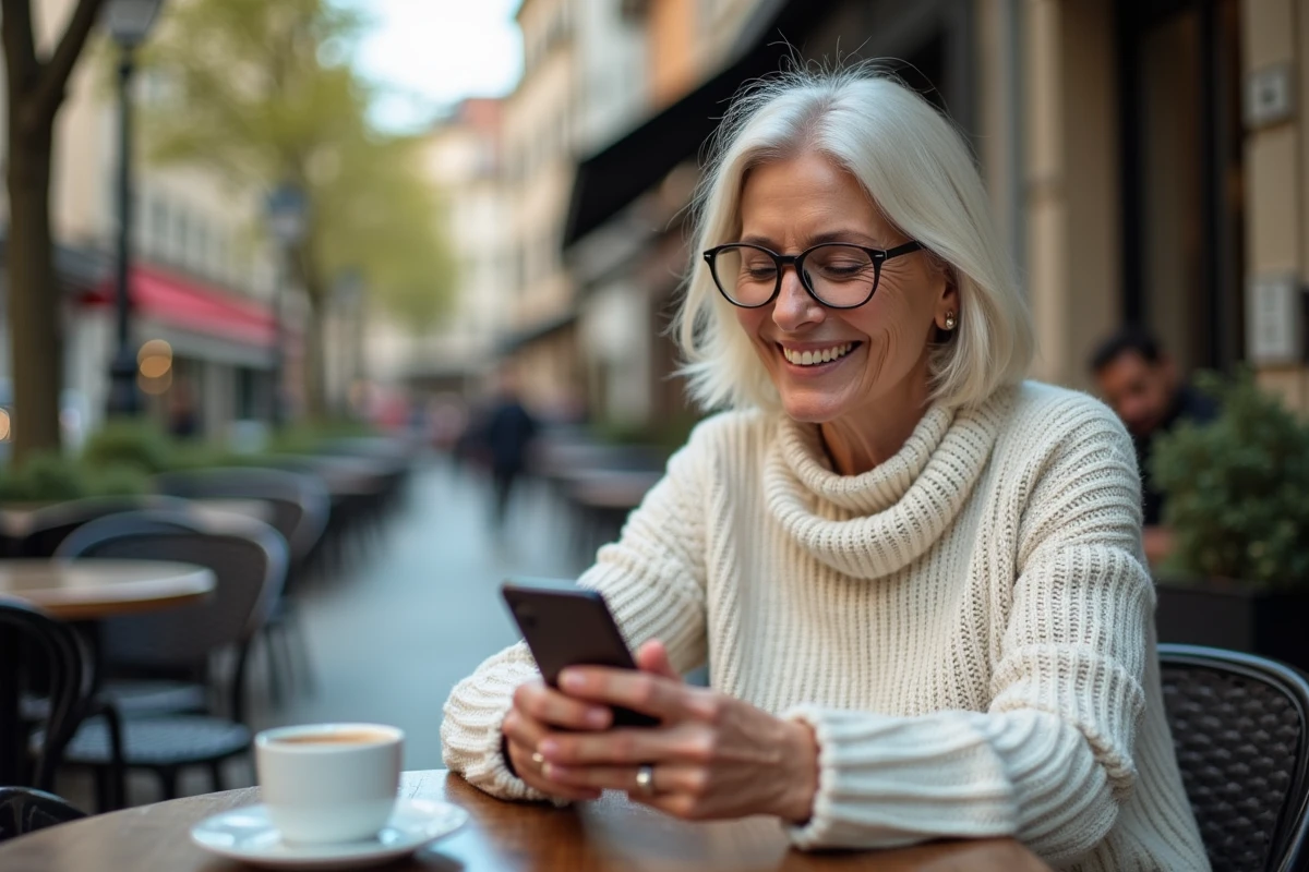 Femme souriante utilisant son smartphone dans un café en plein air