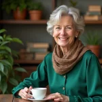 Femme souriante en vert élégant tenant une tasse de thé