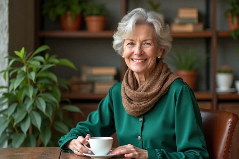 Femme souriante en vert élégant tenant une tasse de thé