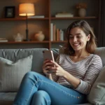 Jeune femme souriante regardant son smartphone en streaming