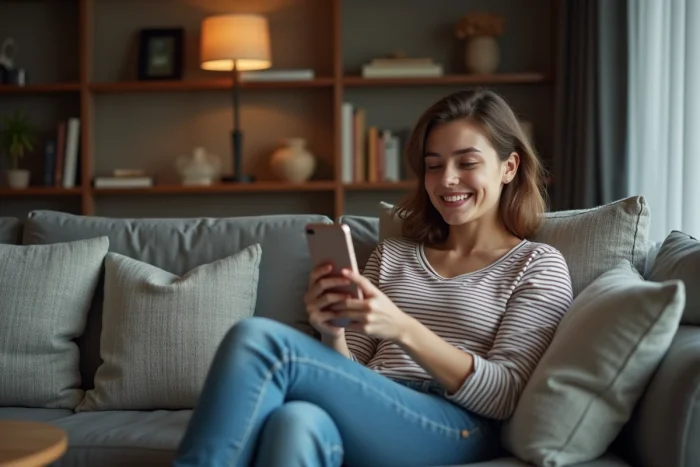 Jeune femme souriante regardant son smartphone en streaming