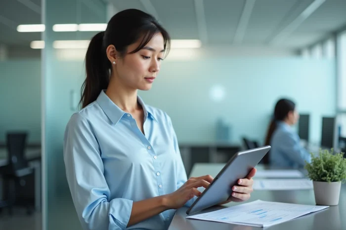 Femme consultant un portail de suivi de dossier d'examen Cyclades sur tablette dans un bureau administratif