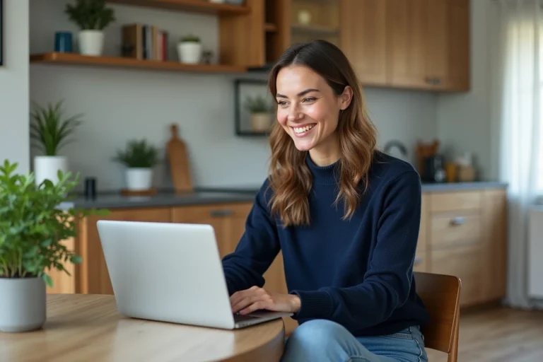 Femme souriante travaillant à son bureau à domicile