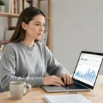 Femme travaillant sur son ordinateur portable avec des graphiques de revenus en ligne dans un bureau à domicile épuré