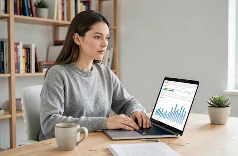 Femme travaillant sur son ordinateur portable avec des graphiques de revenus en ligne dans un bureau à domicile épuré