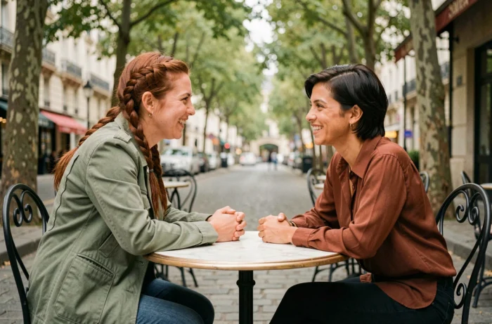 Deux femmes échangeant des conseils et des témoignages autour d'un café en terrasse, incarnant le soutien et l'entraide féminine