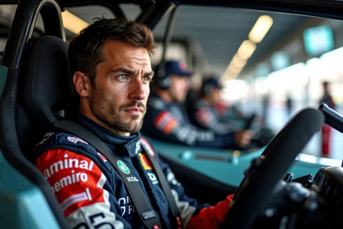 Pilote de Formule 1 espagnol dans le cockpit de sa monoplace dans un garage de pit lane, évoquant la longévité de Fernando Alonso