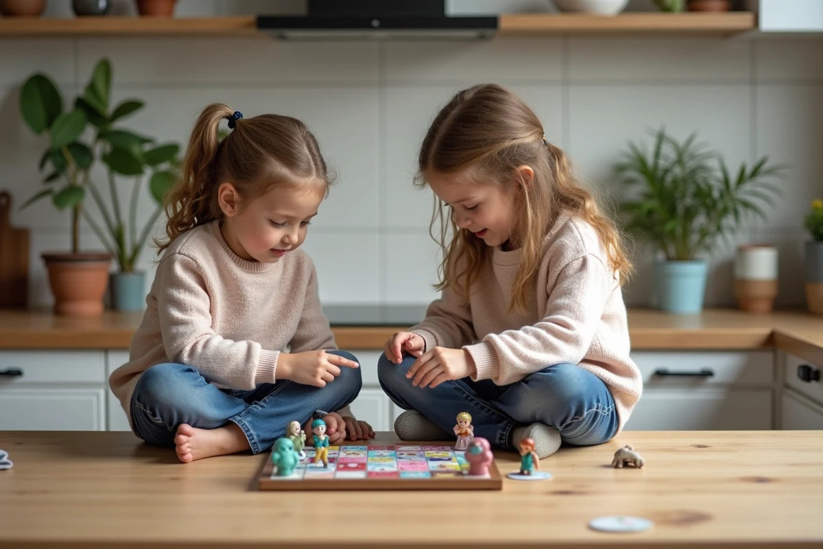 Deux filles jouent avec des figurines et un jeu de société dans la cuisine