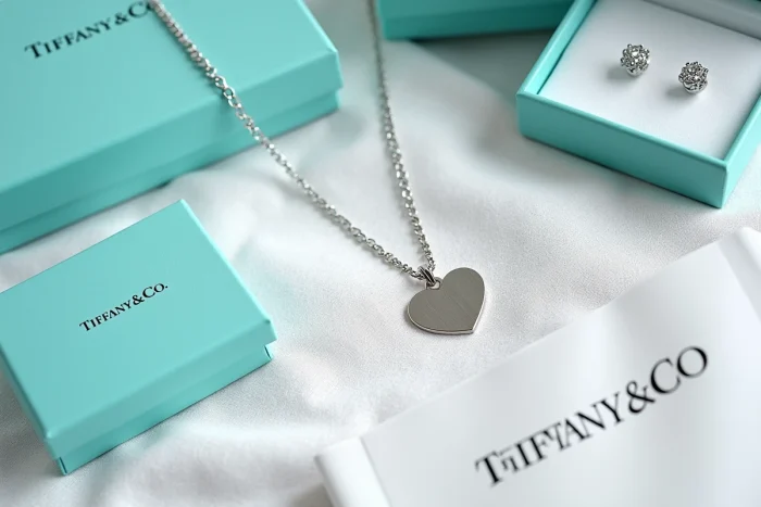 Flat lay éditorial de bijoux Tiffany and Co avec pendentif argent, boucles d'oreilles diamant et boîte bleue sur lin blanc